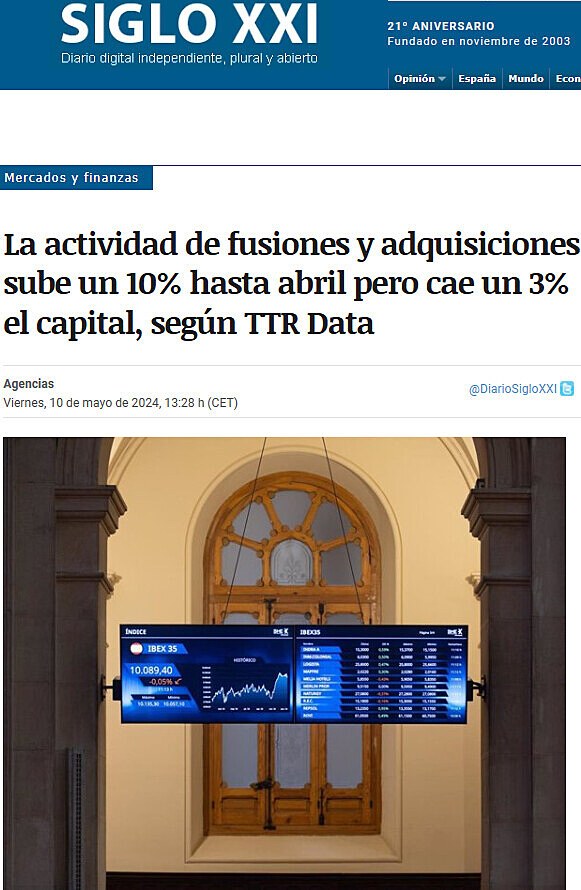 La actividad de fusiones y adquisiciones sube un 10% hasta abril pero cae un 3% el capital, segn TTR Data